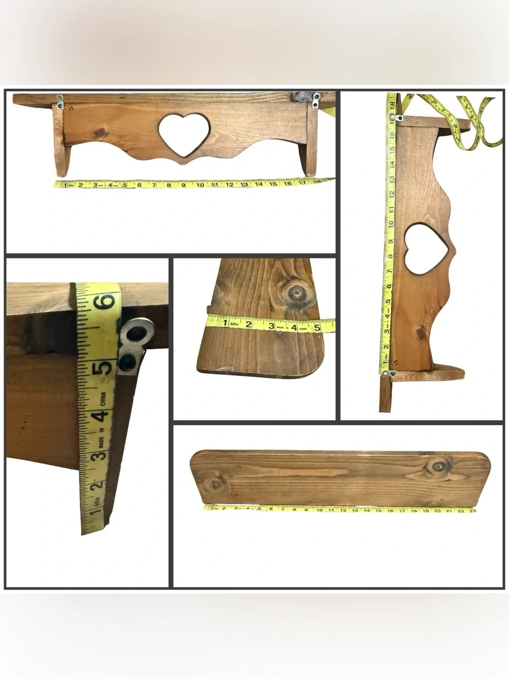 Vintage Rustic Wooden Wall Shelf With A Prominent Heart-Shape Cutout 4 Peg Hooks